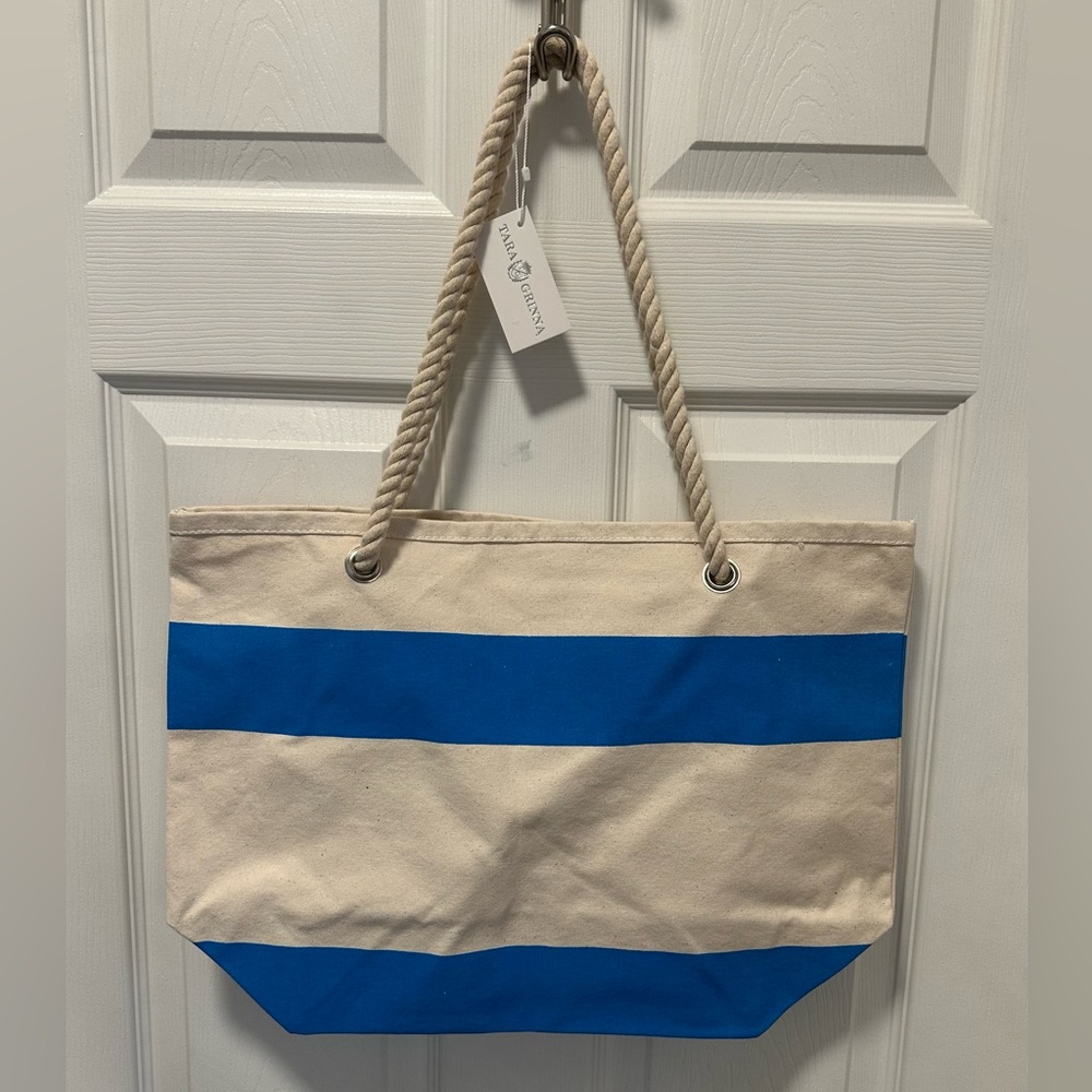 Canvas Blue Striped Swim or Beach Bag NWT